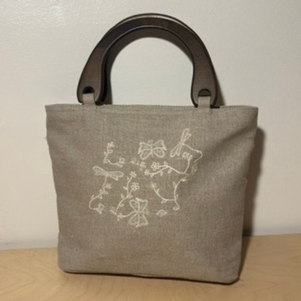 Vtg 90s Talbots Embroidered Butterfly Linen Handbag Embroidery Wood Handle Purse